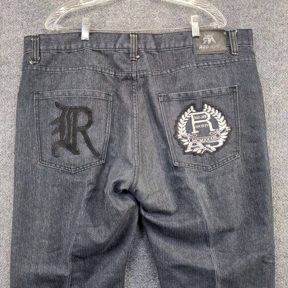 Red Ape Men's Straight Jeans Size 44 Black 5-Pocket Embroidered Logo Dark Wash - Picture 6 of 15
